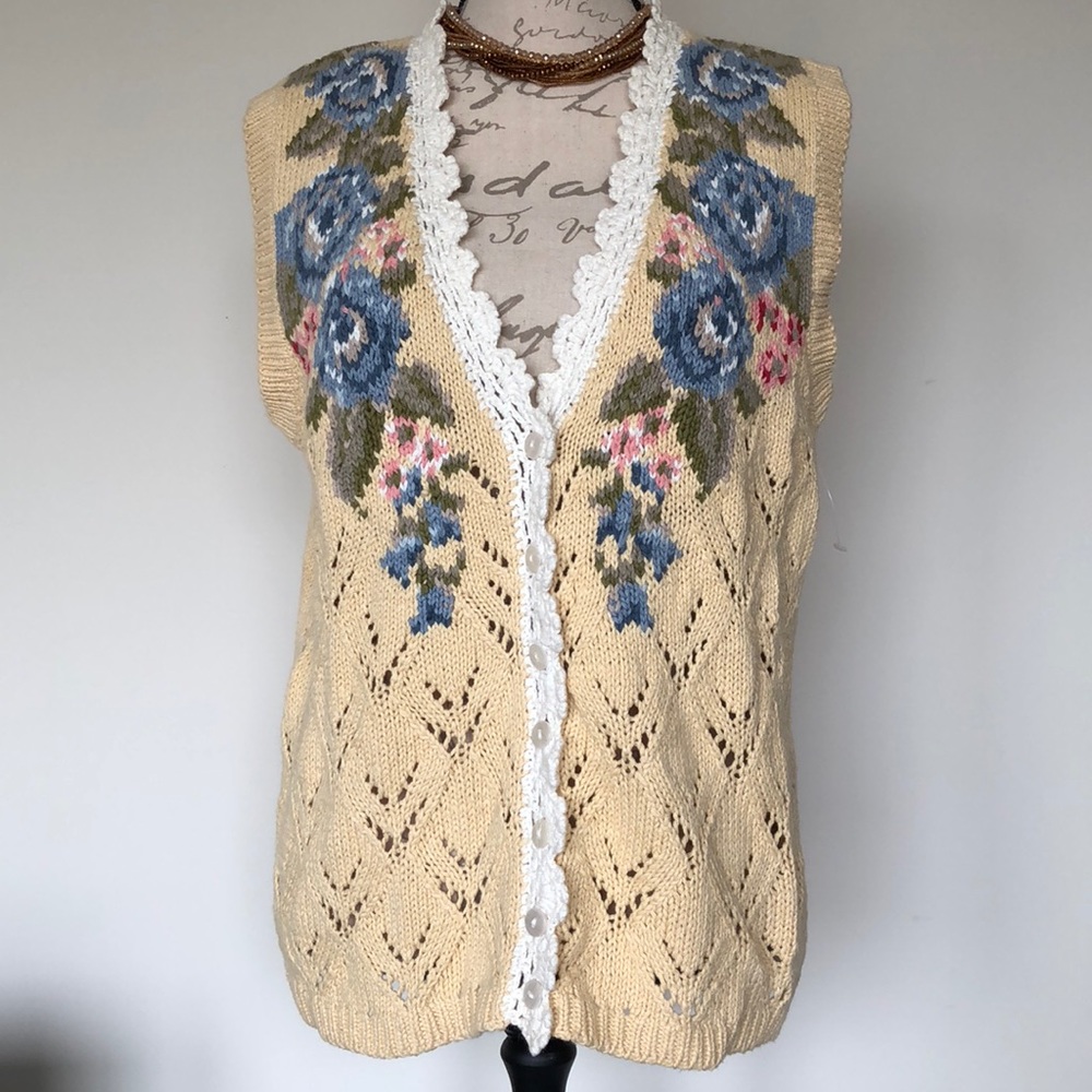 Vintage Floral Knit Vest Cardigan